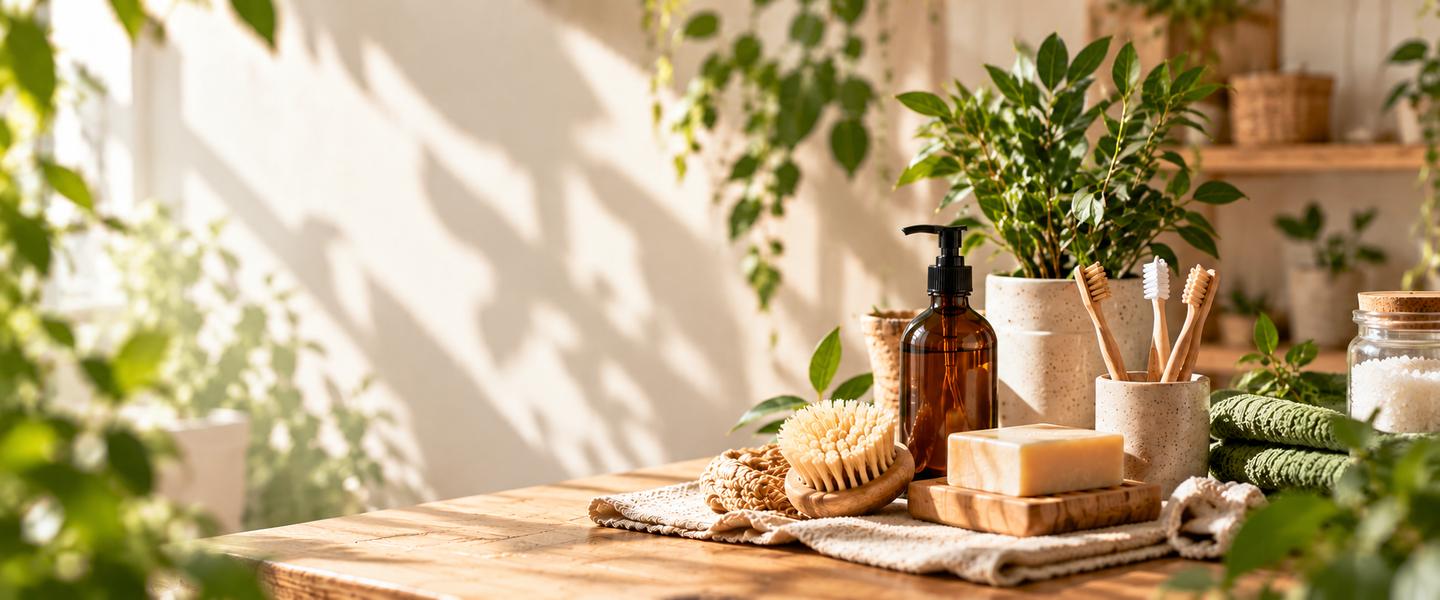 Naturkosmetik, Holzbürste, Seife und Bambus-Zahnbürsten auf einem Holztisch