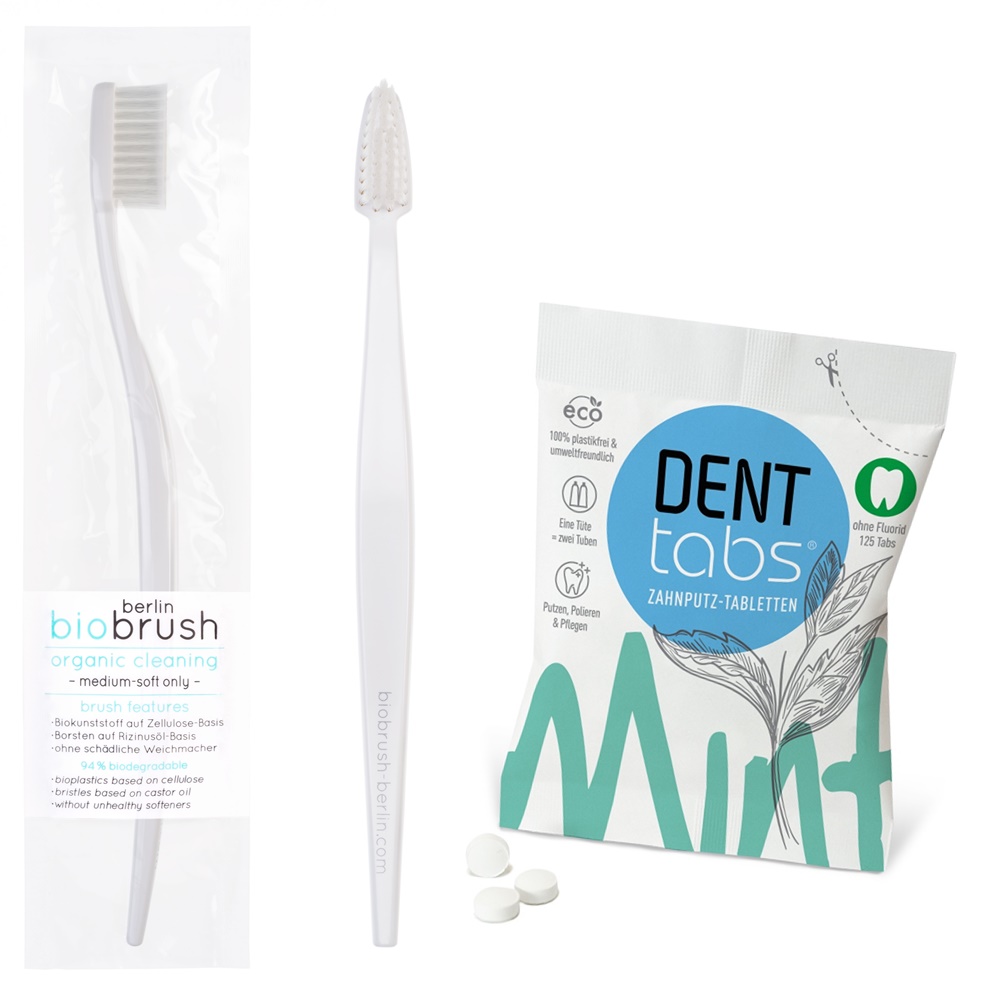 Zahnputztabletten plus Zahnbürste aus Biokunststoff