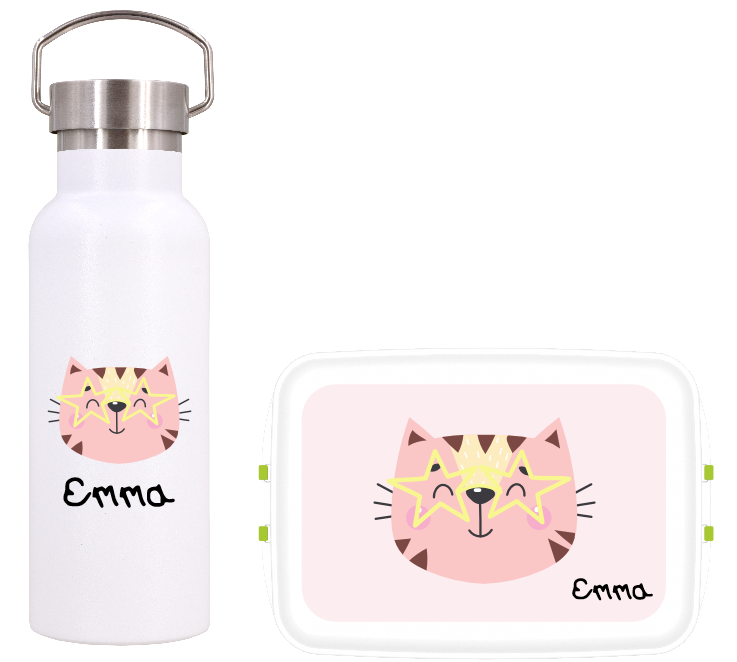 Dora's Personalisiertes Kinderset "Katze" (Trinkflasche und Lunchbox)