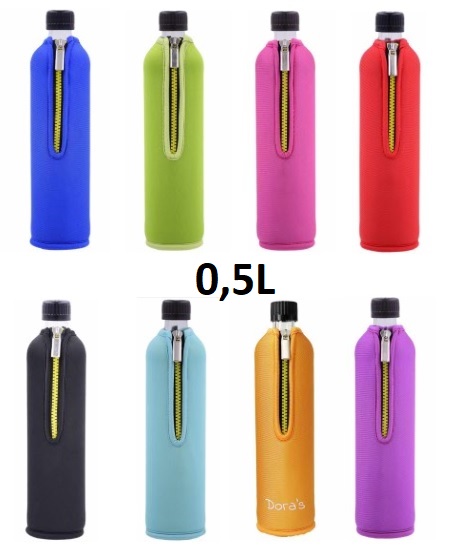 Dora's Glasflasche mit versch. farbigem Neoprenbezug (500ml)