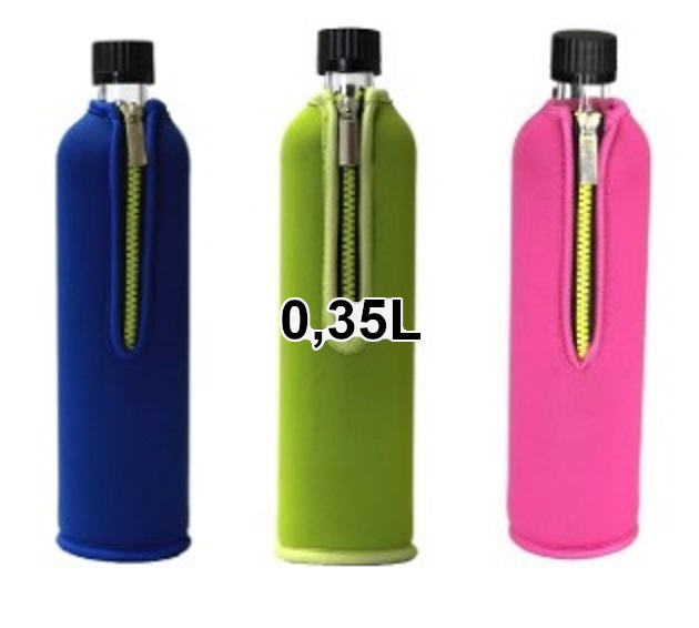 Dora's Glasflasche mit versch. farbigem Neoprenbezug (350ml)