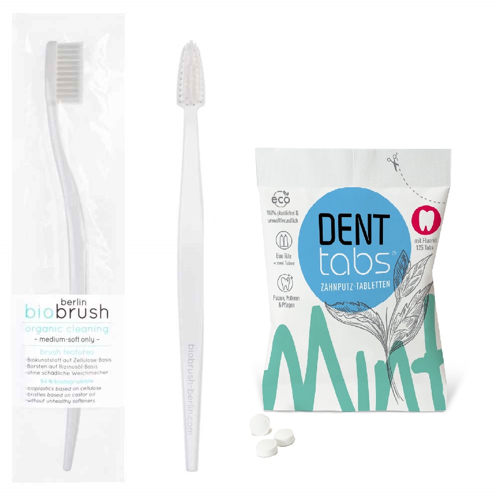 Set aus Denttabs Zahnputztabletten und Biobrush Zahnbürste